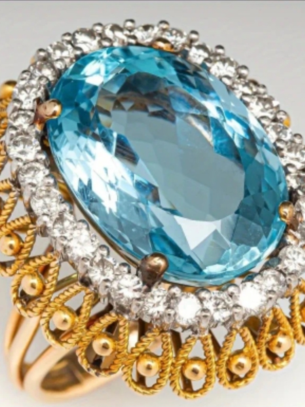 Gold-Tone Ring with Oval Blue Gem and Clear Halo Ring Size 7 - Picture 4 of 4